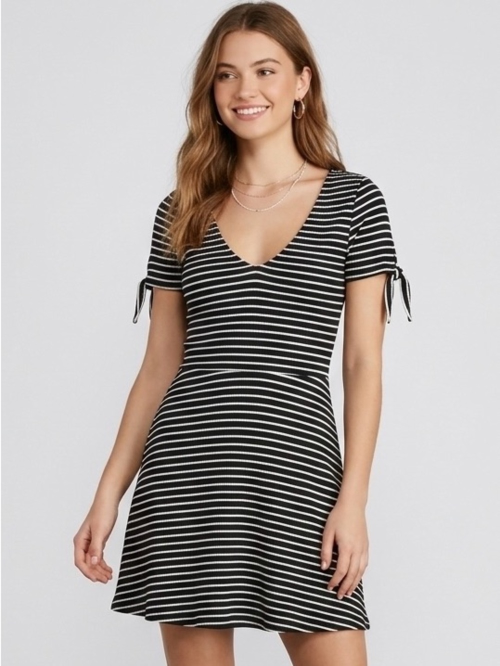 Striped V-Neck Tie-Sleeve Skater Dress - Black/White